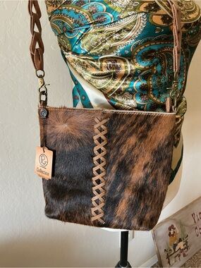 P & G COLLECTION Brown & Black Hair-on Hide shoulder Bag with Braided Trim